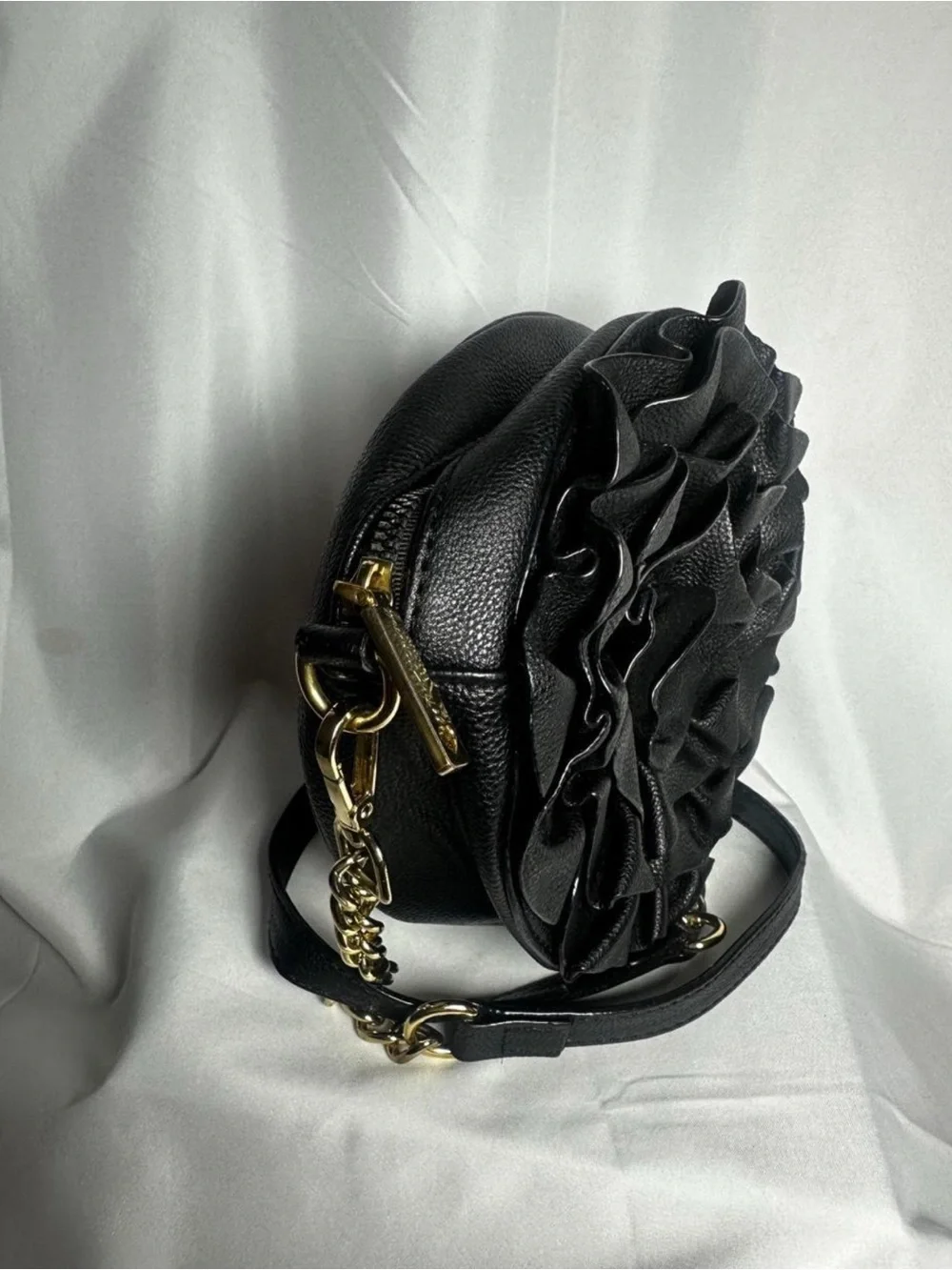 Black Ruffle Crossbody Bag with Gold Hardware